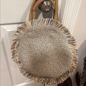 Woven Fringe Tote Bag - Blue and Tan